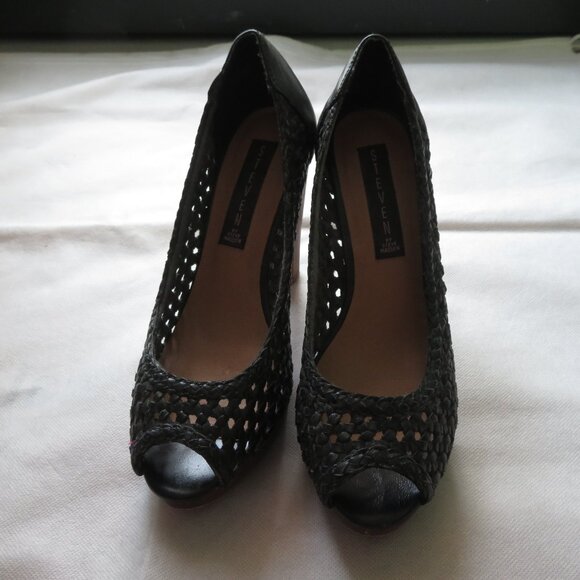 STEVE By Steve Madden Black Woven Leather Platform Peep Toe Votive Pumps - Picture 5 of 16